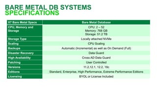 BARE METAL DB SYSTEMS
SPECIFICATIONS
X7 Bare Metal Specs Bare Metal Database
CPU, Memory and
Storage
CPU: 2 – 52
Memory: 768 GB
Storage: 51.2 TB
Storage Type Locally attached NVMe
Scaling CPU Scaling
Backups Automatic (Incremental) as well as On Demand (Full)
Disaster Recovery Data Guard
High Availability Cross AD Data Guard
Patching User Controlled
Versions 11.2,12.1, 12.2, 18c
Editions Standard, Enterprise, High Performance, Extreme Performance Editions
Licensing BYOL or License Included
 