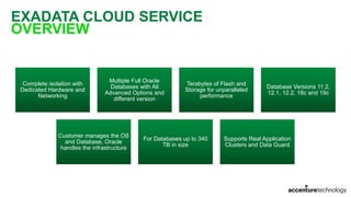 EXADATA CLOUD SERVICE
OVERVIEW
Complete isolation with
Dedicated Hardware and
Networking
Multiple Full Oracle
Databases with All
Advanced Options and
different version
Terabytes of Flash and
Storage for unparalleled
performance
Database Versions 11.2,
12.1, 12.2, 18c and 19c
Customer manages the OS
and Database, Oracle
handles the infrastructure
For Databases up to 340
TB in size
Supports Real Application
Clusters and Data Guard
 