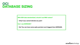 OCI
DATABASE SIZING
With ASH data standardized, should I use MAX values?
• Only if you cannot tolerate any pain!
Can I use AVERAGE?
• No! You can have some spike periods much biggest than AVERAGE.
 