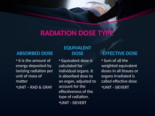 RADIATION DOSE TYPE
ABSORBED DOSE
• it is the amount of
energy deposited by
ionizing radiation per
unit of mass of
matter
•UNIT – RAD & GRAY
EQUIVALENT
DOSE
• Equivalent dose is
calculated for
individual organs. It
is absorbed dose to
an organ, adjusted to
account for the
effectiveness of the
type of radiation.
•UNIT - SIEVERT
EFFECTIVE DOSE
• Sum of all the
weighted equivalent
doses in all tissues or
organs irradiated is
called effective dose
•UNIT - SIEVERT
 