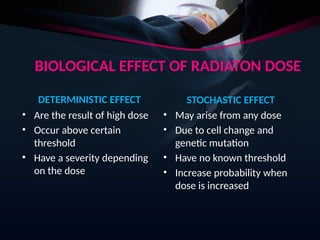 BIOLOGICAL EFFECT OF RADIATON DOSE
DETERMINISTIC EFFECT
• Are the result of high dose
• Occur above certain
threshold
• Have a severity depending
on the dose
STOCHASTIC EFFECT
• May arise from any dose
• Due to cell change and
genetic mutation
• Have no known threshold
• Increase probability when
dose is increased
 