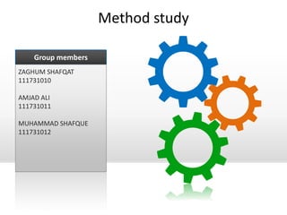 Group members
ZAGHUM SHAFQAT
111731010
AMJAD ALI
111731011
MUHAMMAD SHAFQUE
111731012
Method study
 