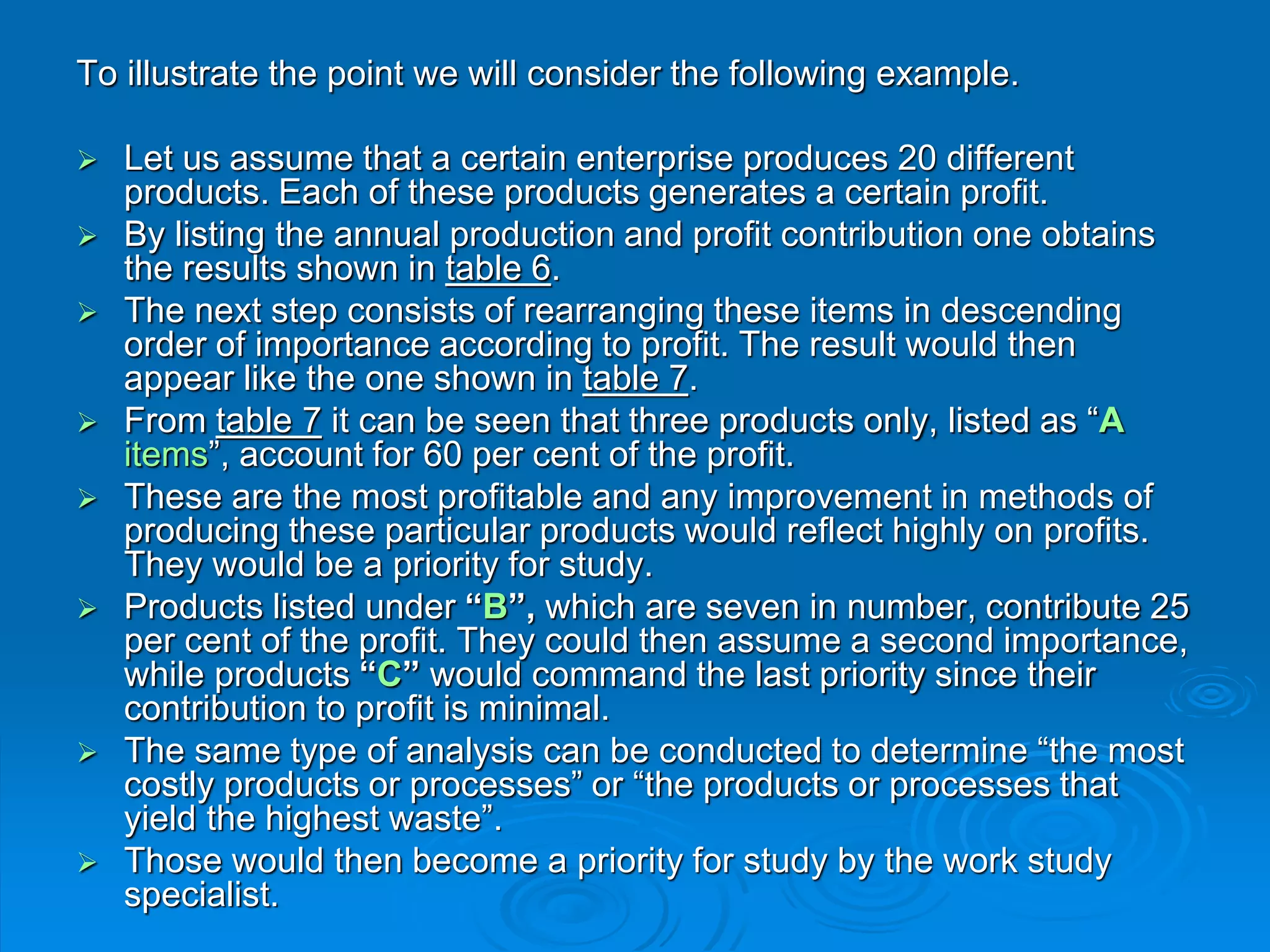 To illustrate the point we will consider the following example.
 Let us assume that a certain enterprise produces 20 different
products. Each of these products generates a certain profit.
 By listing the annual production and profit contribution one obtains
the results shown in table 6.
 The next step consists of rearranging these items in descending
order of importance according to profit. The result would then
appear like the one shown in table 7.
 From table 7 it can be seen that three products only, listed as “A
items”, account for 60 per cent of the profit.
 These are the most profitable and any improvement in methods of
producing these particular products would reflect highly on profits.
They would be a priority for study.
 Products listed under “B”, which are seven in number, contribute 25
per cent of the profit. They could then assume a second importance,
while products “C” would command the last priority since their
contribution to profit is minimal.
 The same type of analysis can be conducted to determine “the most
costly products or processes” or “the products or processes that
yield the highest waste”.
 Those would then become a priority for study by the work study
specialist.
 