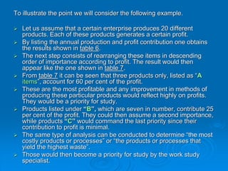 To illustrate the point we will consider the following example.
 Let us assume that a certain enterprise produces 20 different
products. Each of these products generates a certain profit.
 By listing the annual production and profit contribution one obtains
the results shown in table 6.
 The next step consists of rearranging these items in descending
order of importance according to profit. The result would then
appear like the one shown in table 7.
 From table 7 it can be seen that three products only, listed as “A
items”, account for 60 per cent of the profit.
 These are the most profitable and any improvement in methods of
producing these particular products would reflect highly on profits.
They would be a priority for study.
 Products listed under “B”, which are seven in number, contribute 25
per cent of the profit. They could then assume a second importance,
while products “C” would command the last priority since their
contribution to profit is minimal.
 The same type of analysis can be conducted to determine “the most
costly products or processes” or “the products or processes that
yield the highest waste”.
 Those would then become a priority for study by the work study
specialist.
 