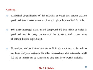 Mr. S. P. Shinde
11
o Analytical determination of the amounts of water and carbon dioxide
produced from a known amount of sample gives the empirical formula.
o For every hydrogen atom in the compound 1/2 equivalent of water is
produced, and for every carbon atom in the compound 1 equivalent
of carbon dioxide is produced.
o Nowadays, modern instruments are sufficiently automated to be able to
do these analyses routinely. Samples required are also extremely small
0.5 mg of sample can be sufficient to give satisfactory CHN analysis.
Continue…
 