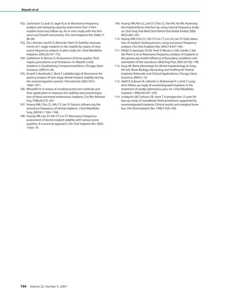 102. Lachmann S,Laval JY,Jager B,et al.Resonance frequency
analysis and damping capacity assessment.Part 2:Peri-
implant bone loss follow-up.An in vitro study with the Peri-
otest and Osstell instruments.Clin Oral Implants Res 2006;17:
80–84.
103. Zix J,Kessler-Liechti G,Mericske-Stern R.Stability measure-
ments of 1-stage implants in the maxilla by means of reso-
nance frequency analysis:A pilot study.Int J Oral Maxillofac
Implants 2005;20:747–752.
104. Gahleitner A,Monov G.Assessment of bone quality:Tech-
niques,procedures,and limitations.In:Watzek G (ed).
Implants in Qualitatively Compromised Bone.Chicago:Quin-
tessence,2004:55–66.
105. Ersanli S,Karabuda C,Beck F,Leblebicioglu B.Resonance fre-
quency analysis of one-stage dental implant stability during
the osseointegration period.J Periodontol 2005;76(7):
1066–1071.
106. Meredith N.A review of nondestructive test methods and
their application to measure the stability and osseointegra-
tion of bone anchored endosseous implants.Crit Rev Biomed
Eng 1998;26:275–291.
107. Huang HM,Chiu CL,Yeh CY,Lee SY.Factors influencing the
resonance frequency of dental implants.J Oral Maxillofac
Surg 2003;61:1184–1188.
108. Huang HM,Lee SY,Yeh CY,Lin CT.Resonance frequency
assessment of dental implant stability with various bone
qualities:A numerical approach.Clin Oral Implants Res 2002;
13:65–74.
109. Huang HM,Pan LC,Lee SY,Chiu CL,Fan KH,Ho KN.Assessing
the implant/bone interface by using natural frequency analy-
sis.Oral Surg Oral Med Oral Pathol Oral Radiol Endod 2000;
90(3):285–291.
110. Huang HM,Chiu CL,Yeh CY,Lin CT,Lin LH,Lee SY.Early detec-
tion of implant healing process using resonance frequency
analysis.Clin Oral Implants Res 2003;14:437–443.
111. Pattijn V,Jaecques SV,De Smet E,Muraru L,Van Lierde C,Van
der Perre G,et al.Resonance frequency analysis of implants in
the guinea pig model:Influence of boundary conditions and
orientation of the transducer.Med Eng Phys 2007;29:182–190.
112. Garg AK.Bone physiology for dental implantology.In:Garg
AK (ed).Bone Biology,Harvesting and Grafting for Dental
Implants:Rationale and Clinical Applications.Chicago:Quin-
tessence,2004:3–19.
113. Adell R,Eriksson B,Lekholm U,Brånemark P-I,Jemt T.Long-
term follow-up study of osseointegrated implants in the
treatment of totally edentulous jaws.Int J Oral Maxillofac
Implants 1990;5(4):347–359.
114. Lindquist LW,Carlsson GE,Jemt T.A prospective 15-year fol-
low-up study of mandibular fixed prostheses supported by
osseointegrated implants.Clinical results and marginal bone
loss.Clin Oral Implants Res 1996;7:329–336.
754 Volume 22, Number 5, 2007
Atsumi et al
Atsumi.qxd 9/17/07 3:19 PM Page 754
COPYRIGHT © 2007 BY QUINTESSENCE PUBLISHING CO, INC. PRINTING OF THIS DOCUMENT IS RESTRICTED TO PERSONAL USE ONLY. NO PART OF THIS
ARTICLE MAY BE REPRODUCED OR TRANSMITTED IN ANY FORM WITHOUT WRITTEN PERMISSION FROM THE PUBLISHER
 