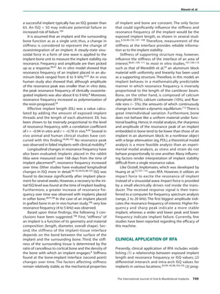 a successful implant typically has an ISQ greater than
65. An ISQ < 50 may indicate potential failure or
increased risk of failure.104
It is assumed that an implant and the surrounding
bone function as as a single unit; thus, a change in
stiffness is considered to represent the change of
osseointegration of an implant. A steady-state sinu-
soidal force in a form of sine wave is applied to the
implant-bone unit to measure the implant stability via
resonance. Frequency and amplitude are then picked
up as a response.90,91 An in vitro model showed that
resonance frequency of an implant placed in an alu-
minum block ranged from 8 to 9 kHz.8,54 An in vivo
human study also showed that, although amplitude
of the resonance peak was smaller than in vitro data,
the peak resonance frequency of clinically osseointe-
grated implants was also about 8 to 9 kHz.8 Moreover,
resonance frequency increased as polymerization of
the resin progressed.54
Effective implant length (EIL) was a value calcu-
lated by adding the amount of exposed implant
threads and the length of each abutment. EIL has
been shown to be inversely proportional to the level
of resonance frequency, with a correlation coefficient
of r = –0.94 in vitro and r = –0.78 in vivo.8,54 Several in
vivo animal and human clinical studies have con-
curred with this finding.56,80,102 No resonance peak
was observed in failed implants with clinical mobility.8
Longitudinal changes in resonance frequency have
also been evaluated. Implants placed in the rabbit
tibia were measured over 168 days from the time of
implant placement81; resonance frequency increased
over time. Other studies have evaluated longitudinal
changes in ISQ more in detail.90–92,94,95,98,105 ISQ was
found to decrease significantly after implant place-
ment for several weeks.However,a recovery to the ini-
tial ISQ level was found at the time of implant loading.
Furthermore, a greater increase of resonance fre-
quency over time was observed with implants placed
in softer bone.28,91,98 In the case of an implant placed
in grafted bone in an in vivo human study,106 very low
resonance frequency (4 to 5 kHz) was observed.
Based upon these findings, the following 3 con-
clusions have been suggested.106 First, “stiffness” of
an implant is a function of its geometry and material
composition (length, diameter, overall shape). Sec-
ond, the stiffness of the implant-tissue interface
depends on the bond between the surface of the
implant and the surrounding bone. Third, the stiff-
ness of the surrounding tissue is determined by the
ratio of cancellous to cortical bone and the density of
the bone with which an implant engages.8 Stiffness
found at the bone-implant interface (second point)
changes over time. The factors affecting stiffness
remain relatively stable, as the mechanical properties
of implant and bone are constant. The only factor
that could significantly influence the stiffness and
resonance frequency of the implant would be the
exposed implant length, as shown in several stud-
ies.8,56,80,102,107–109 Therefore, measurement of the
stiffness at the interface provides reliable informa-
tion as to the implant stability.
Stiffness of supporting structure may, however,
influence the stiffness of the interface of an area of
interest.80,81,109–111 In most in vitro studies,107,109,110
such as that of Meredith et al,54 an aluminum block
material with uniformity and linearity has been used
as a supporting structure. Therefore, in this model, an
implant behaves in a mathematically predictable
manner in which resonance frequency is inversely
proportional to the length of the cantilever beam.
Bone, on the other hand, is composed of calcium
phosphate (85%), calcium carbonate (10%), and fluo-
ride ions (~ 5%), the amounts of which continuously
change to maintain a dynamic equilibrium.112 There is
great interindividual variation. Furthermore, bone
does not behave like a uniform material under func-
tional loading.Hence,in modal analysis,the sharpness
and amplitude of the resonance peak of an implant
embedded in bone tend to be lower than those of an
implant in an aluminum block. In a nonlinear object
with a large attenuation (eg, PDL), a theoretical modal
analysis is a more feasible analysis than an experi-
mental modal analysis, as stress and strain do not
behave proportionally to one another. Many influenc-
ing factors render interpretation of implant stability
difficult from a single resonance value.
Like Osstell, Implomates, which was developed by
Huang et al,52,107–110 uses RFA. However, it utilizes an
impact force to excite the resonance of implant
instead of a sinusoidal wave. Impact force is provided
by a small electrically driven rod inside the trans-
ducer. The received response signal is then trans-
ferred to a computer for frequency spectrum analysis
(range, 2 to 20 kHz). The first biggest amplitude indi-
cates the resonance frequency of interest. Higher fre-
quency and sharp peak indicate a more stable
implant, whereas a wider and lower peak and lower
frequency indicate implant failure. Currently, few
studies have been reported regarding the efficacy of
this machine.
CLINICAL APPLICATION OF RFA
Presently, clinical application of RFA includes estab-
lishing (1) a relationship between exposed implant
length and resonance frequency or ISQ values; (2)
differential interarch and intra-arch ISQ values for
implants in various locations; 83,90–92,98,103,105 (3) prog-
The International Journal of Oral & Maxillofacial Implants 749
Atsumi et al
Atsumi.qxd 9/17/07 3:19 PM Page 749
COPYRIGHT © 2007 BY QUINTESSENCE PUBLISHING CO, INC. PRINTING OF THIS DOCUMENT IS RESTRICTED TO PERSONAL USE ONLY. NO PART OF THIS
ARTICLE MAY BE REPRODUCED OR TRANSMITTED IN ANY FORM WITHOUT WRITTEN PERMISSION FROM THE PUBLISHER
 