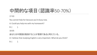 中間的な項目（認識率50-70%）
17-03
You cannot help her because you're busy now.
A: Could you help me with my homework?
B: ( ).
18-05
...