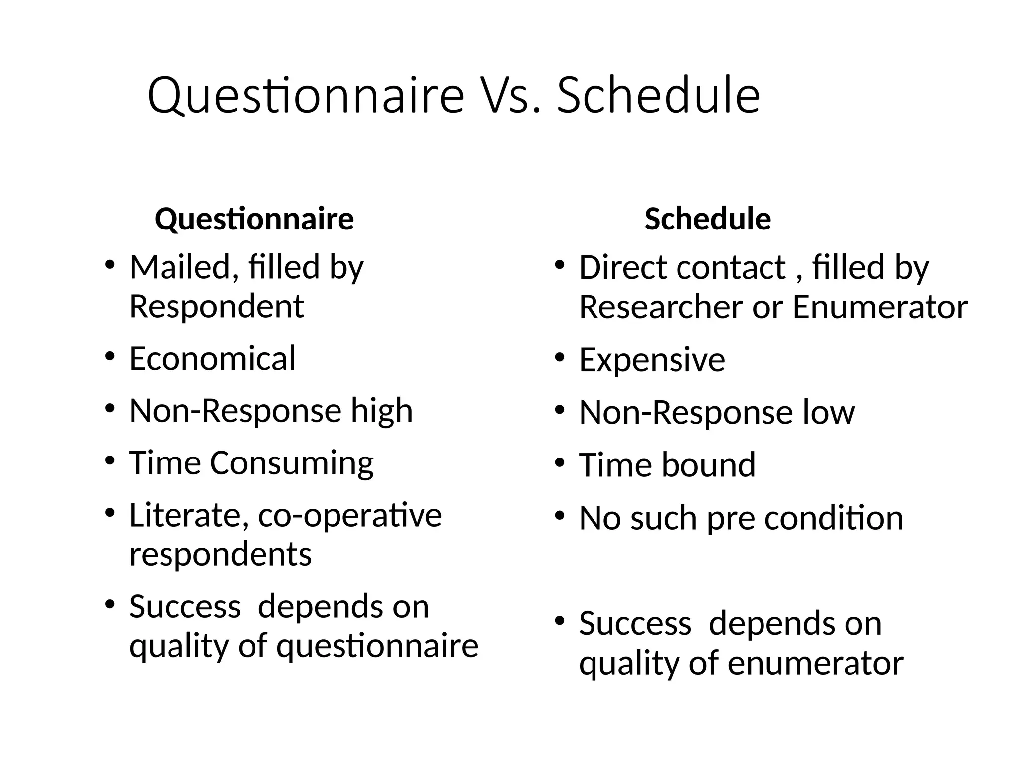 Questionnaire Vs. Schedule
Questionnaire
• Mailed, filled by
Respondent
• Economical
• Non-Response high
• Time Consuming
• Literate, co-operative
respondents
• Success depends on
quality of questionnaire
Schedule
• Direct contact , filled by
Researcher or Enumerator
• Expensive
• Non-Response low
• Time bound
• No such pre condition
• Success depends on
quality of enumerator
 