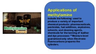 Applications of
methylamine
include the following: used to
produce a variety of important
chemical products: pharmaceuticals,
pesticides, fuel additives, explosives,
solvents, and cleaning agents,
chemicals for the tanning of leather
and dye processes **Moisture level
guaranteed only when Electronic
Fluorocarbons prepares the
cylinders.
 