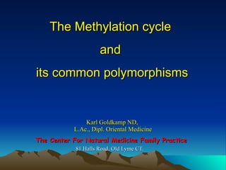 Karl Goldkamp   ND,  L.Ac., Dipl. Oriental Medicine The Center For Natural Medicine Family Practice 81 Halls Road, Old Lyme CT.  The Methylation cycle  and  its common polymorphisms 