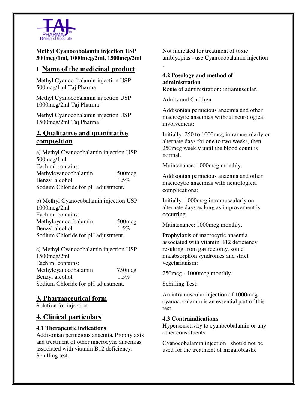 Methyl Cyanocobalamin Injection USP Taj Pharma SmPC