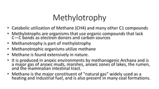 Methylotrophy
• Catabolic utilization of Methane (CH4) and many other C1 compounds
• Methylotrophs are organisms that use organic compounds that lack
C—C bonds as electron donors and carbon sources
• Methanotrophy is part of methylotrophy
• Methanotrophic organisms utilize methane
• Methane is found extensively in nature.
• It is produced in anoxic environments by methanogenic Archaea and is
a major gas of anoxic muds, marshes, anoxic zones of lakes, the rumen,
and the mammalian intestinal tract.
• Methane is the major constituent of “natural gas” widely used as a
heating and industrial fuel, and is also present in many coal formations.
 
