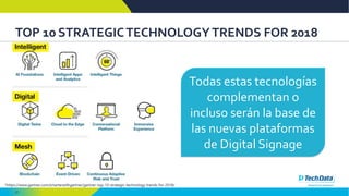 27
TOP 10 STRATEGICTECHNOLOGY TRENDS FOR 2018
*https://www.gartner.com/smarterwithgartner/gartner-top-10-strategic-technology-trends-for-2018/
Todas estas tecnologías
complementan o
incluso serán la base de
las nuevas plataformas
de Digital Signage
 