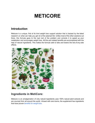 METICORE
Introduction
Meticore is a unique, first of its kind weight loss support solution that is backed by the latest
research on what can help you get rid of the adamant fat. Unlike most of the other solutions out
there, this formula goes to the real root of the problem and corrects it to speed up your
metabolism and encourages weight loss. All this and related benefits are accomplished with the
help of natural ingredients. This makes the formula safe to take and lowers the risk of any side
effects.
 
Ingredients in MetiCore:
Meticore is an amalgamation of only natural ingredients uses 100% natural plant extracts and
are sourced from all around the world. Infused with zero toxins, the supplement has ingredients
that have proven ​benefits for weight loss​.
 