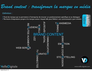 Brand content : transformer la marque en média
Déﬁnition :
• Fond de marque qui va permettre à l’entreprise de trouver un ...