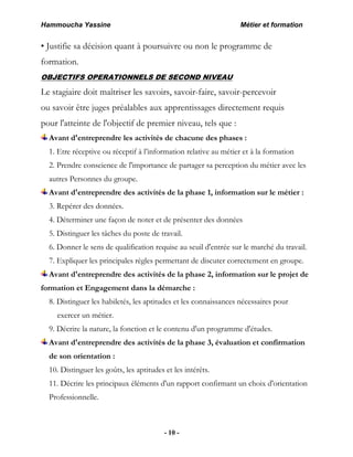 Hammoucha Yassine Métier et formation
- 10 -
• Justifie sa décision quant à poursuivre ou non le programme de
formation.
OBJECTIFS OPERATIONNELS DE SECOND NIVEAU
Le stagiaire doit maîtriser les savoirs, savoir-faire, savoir-percevoir
ou savoir être juges préalables aux apprentissages directement requis
pour l'atteinte de l'objectif de premier niveau, tels que :
Avant d'entreprendre les activités de chacune des phases :
1. Etre réceptive ou réceptif à l’information relative au métier et à la formation
2. Prendre conscience de l'importance de partager sa perception du métier avec les
autres Personnes du groupe.
Avant d'entreprendre des activités de la phase 1, information sur le métier :
3. Repérer des données.
4. Déterminer une façon de noter et de présenter des données
5. Distinguer les tâches du poste de travail.
6. Donner le sens de qualification requise au seuil d'entrée sur le marché du travail.
7. Expliquer les principales règles permettant de discuter correctement en groupe.
Avant d'entreprendre des activités de la phase 2, information sur le projet de
formation et Engagement dans la démarche :
8. Distinguer les habiletés, les aptitudes et les connaissances nécessaires pour
exercer un métier.
9. Décrire la nature, la fonction et le contenu d'un programme d'études.
Avant d'entreprendre des activités de la phase 3, évaluation et confirmation
de son orientation :
10. Distinguer les goûts, les aptitudes et les intérêts.
11. Décrire les principaux éléments d'un rapport confirmant un choix d'orientation
Professionnelle.
 