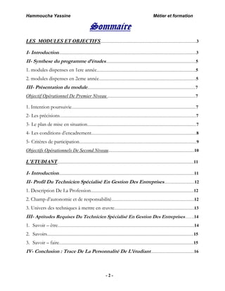Hammoucha Yassine Métier et formation
- 2 -
LES MODULES ET OBJECTIFS...............................................................................................3
I- Introduction........................................................................................................................................3
II- Synthese du programme d’études.........................................................................................5
1. modules dispenses en 1ere année..................................................................................................5
2. modules dispenses en 2eme année................................................................................................5
III- Présentation du module...........................................................................................................7
Objectif Opérationnel De Premier Niveau .......................................................................................7
1. Intention poursuivie...........................................................................................................................7
2- Les précisions.......................................................................................................................................7
3- Le plan de mise en situation............................................................................................................7
4- Les conditions d’encadrement........................................................................................................8
5- Critères de participation....................................................................................................................9
Objectifs Opérationnels De Second Niveau.....................................................................................10
L’ETUDIANT.......................................................................................................................................11
I- Introduction......................................................................................................................................11
II- Profil Du Technicien Spécialisé En Gestion Des Entreprises..............................12
1. Description De La Profession......................................................................................................12
2. Champ d’autonomie et de responsabilité..................................................................................12
3. Univers des techniques à mettre en œuvre...............................................................................13
III- Aptitudes Requises Du Technicien Spécialisé En Gestion Des Entreprises…….14
1. Savoir – être.......................................................................................................................................14
2. Savoirs.................................................................................................................................................15
3. Savoir – faire.....................................................................................................................................15
IV- Conclusion : Trace De La Personnalité De L’étudiant...........................................16
Sommaire
 