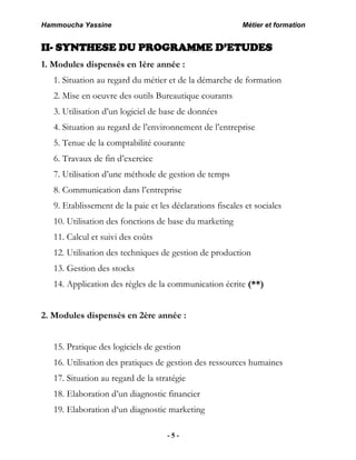 Hammoucha Yassine Métier et formation
- 5 -
II- SYNTHESE DU PROGRAMME D’ETUDES
1. Modules dispensés en 1ère année :
1. Situation au regard du métier et de la démarche de formation
2. Mise en oeuvre des outils Bureautique courants
3. Utilisation d’un logiciel de base de données
4. Situation au regard de l’environnement de l’entreprise
5. Tenue de la comptabilité courante
6. Travaux de fin d’exercice
7. Utilisation d’une méthode de gestion de temps
8. Communication dans l’entreprise
9. Etablissement de la paie et les déclarations fiscales et sociales
10. Utilisation des fonctions de base du marketing
11. Calcul et suivi des coûts
12. Utilisation des techniques de gestion de production
13. Gestion des stocks
14. Application des règles de la communication écrite (**)
2. Modules dispensés en 2ère année :
15. Pratique des logiciels de gestion
16. Utilisation des pratiques de gestion des ressources humaines
17. Situation au regard de la stratégie
18. Elaboration d’un diagnostic financier
19. Elaboration d‘un diagnostic marketing
 