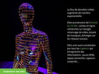 Le flux de données créées
augmente de manière
exponentielle.
Elles proviennent de l’activité
sur le Net : achats en ligne,
recherches sur Google,
visionnage de vidéo, écoute
de musiques, échanges sur
les réseaux sociaux.
Elles sont aussi constituées
par tous les capteurs qui
enregistrent des
informations : puces RFID,
objets connectés, capteurs
corporels…
Exploitation des data
 