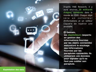  
D’après l’ABI Research, il y
aura environ 30 milliards
d’objets connectés dans le
monde en 2020. Chaque objet
s e r a u n c o l l e c t e u r
d’informations et un veilleur
capable de repérer une
anomalie.
Demain,  
les objetbilleurs (experts
en gestion des
informations fournies
par les objets connectés)
assureront le stockage
des informations
fournies par les
parapluies connectés. Ils
utiliseront ces données
pour signaler qu’il ne
faut pas oublier son
parapluie.
Exploitation des data
 