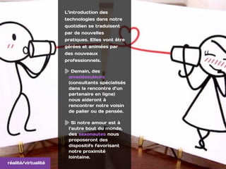 L’introduction des
technologies dans notre
quotidien se traduisent
par de nouvelles
pratiques. Elles vont être
gérées et animées par
des nouveaux
professionnels.
Demain, des
amedéseuleurs
(consultants spécialisés
dans la rencontre d’un
partenaire en ligne)
nous aideront à
rencontrer notre voisin
de palier ou de pensée. 
Si notre amour est à
l’autre bout du monde,
des sexonautes nous
proposeront des
dispositifs favorisant
notre proximité
lointaine.
réalité/virtualité
 