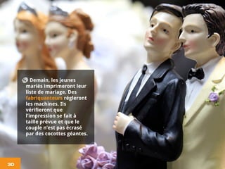 Demain, les jeunes
mariés imprimeront leur
liste de mariage. Des
fabriquanteurs régleront
les machines. Ils
vérifieront que
l’impression se fait à
taille prévue et que le
couple n’est pas écrasé
par des cocottes géantes.
3D
 