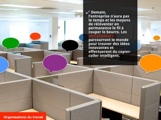 Demain,
l’entreprise n’aura pas
le temps et les moyens
de réinventer en
permanence le fil à
couper le beurre. Les
percolacteurs
parcourront le monde
pour trouver des idées
innovantes et
effectueront du copier-
coller intelligent.
Organisations du travail
 