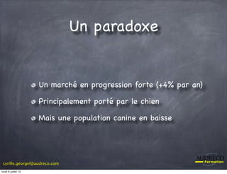 cyrille.georgel@audreco.com
Un paradoxe
Un marché en progression forte (+4% par an)
Principalement porté par le chien
Mais une population canine en baisse
lundi 8 juillet 13
 
