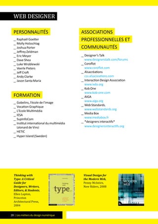 28 | Les métiers du design numérique
Personnalités
__ Raphaël Goetter
__ Molly Holzschlag
__ Joshua Porter
__ Jeffrey Zeldman
__ Eric Meyer
__ Dave Shea
__ Luke Wroblewski
__ Veerle Pieters
__ Jeff Croft
__ Andy Clarke
__ Jason Santa Maria
formation
__ Gobelins, l’école de l’image
__ Vocation Graphique
__ L’Ecole Multimédia
__ IESA
__ SupInfoCom
__ Institut international du multimédia
Léonard de Vinci
__ HETIC
__ Hyper Island (Sweden)
Associations
professionnelles et
communautés
__ Designer’s Talk
www.designerstalk.com/forums
__ Coroflot
www.coroflot.com
__ Alsacréations
css.alsacreations.com
__ Interaction Design Association
www.ixda.org
__ Kob One
www.kob-one.com
__ AIGA
www.aiga.org
__ Web Standards,
www.webstandards.org
__ Media Box
www.mediabox.fr
__ *designers interactifs*
www.designersinteractifs.org
web designer
Thinking with
Type: A Critical
Guide for
Designers, Writers,
Editors, & Students,
Ellen Lupton,
Princeton
Architectural Press,
2004
Visual Design for
the Modern Web,
Penny McIntire,
New Riders, 2008
 