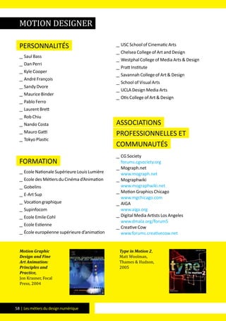 58 | Les métiers du design numérique
Personnalités
__ Saul Bass
__ Dan Perri
__ Kyle Cooper
__ André François
__ Sandy Dvore
__ Maurice Binder
__ Pablo Ferro
__ Laurent Brett
__ Rob Chiu
__ Nando Costa
__ Mauro Gatti
__ Tokyo Plastic
formation
__ Ecole Nationale Supérieure Louis Lumière
__ Ecole des Métiers du Cinéma d’Animation
__ Gobelins
__ E-Art Sup
__ Vocation graphique
__ Supinfocom
__ Ecole Emile Cohl
__ Ecole Estienne
__ École européenne supérieure d’animation
__ USC School of Cinematic Arts
__ Chelsea College of Art and Design
__ Westphal College of Media Arts & Design
__ Pratt Institute
__ Savannah College of Art & Design
__ School of Visual Arts
__ UCLA Design Media Arts
__ Otis College of Art & Design
Associations
professionnelles et
communautés
__ CG Society
forums.cgsociety.org
__ Mograph.net
www.mograph.net
__ Mographwiki
www.mographwiki.net
__ Motion Graphics Chicago
www.mgchicago.com
__ AIGA
www.aiga.org
__ Digital Media Artists Los Angeles
www.dmala.org/forum5
__ Creative Cow
www.forums.creativecow.net
motion designer
Motion Graphic
Design and Fine
Art Animation:
Principles and
Practice,
Jon Krasner, Focal
Press, 2004
Type in Motion 2,
Matt Woolman,
Thames & Hudson,
2005
 