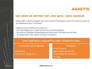 AGAETIS
WWW.AGAETIS.FR21/08/2016 11
UN CŒUR DE MÉTIER 100% BIG DATA / DATA SCIENCE
Depuis 2007, l’expertise Agaetis s’est exclusivement développée autour de la data et surtout de
son exploitation pour l’innovation.
L’expérience accumulée porte autant sur :
- les technologies (voir ci-après Etat de l’art des technologies),
- les outils et méthodes de développement favorisant l’innovation par les data,
- la collaboration entre métier et SI pour l’innovation.
2 domaines-clé du Big data
Marketing
Internet of Things (IoT)
4 secteurs
Smart factory,
Agriculture connectée
Automobile & Transports
Energie
Cette expérience a aujourd’hui valeur d’expertise dans :
 
