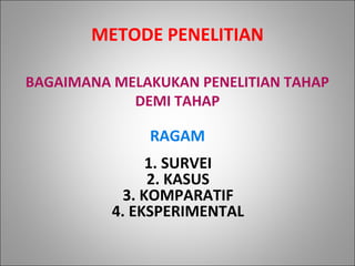 METODE PENELITIAN
BAGAIMANA MELAKUKAN PENELITIAN TAHAP
DEMI TAHAP
RAGAM
1. SURVEI
2. KASUS
3. KOMPARATIF
4. EKSPERIMENTAL
 