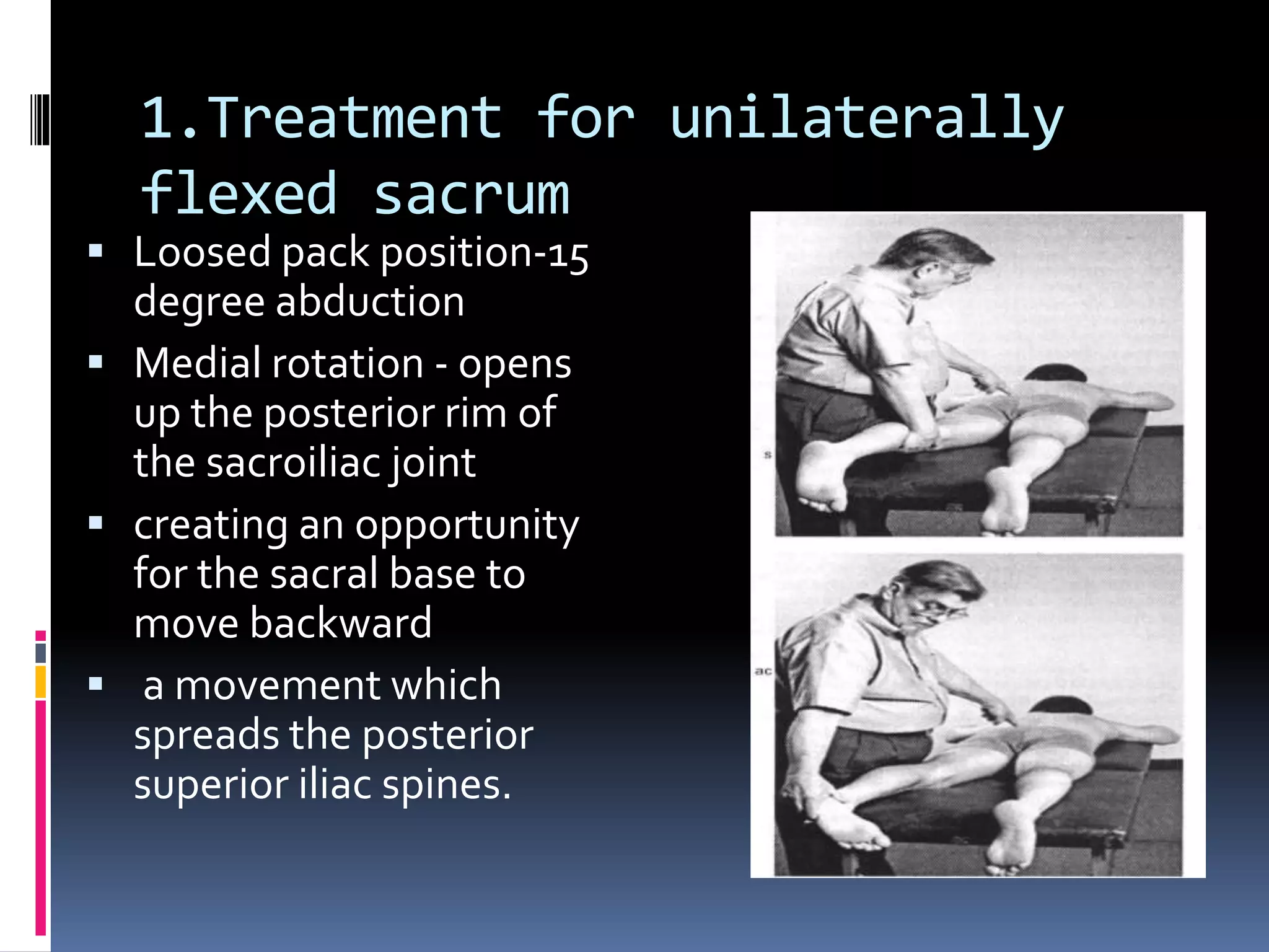 1.Treatment for unilaterally
flexed sacrum
 Loosed pack position-15
degree abduction
 Medial rotation - opens
up the posterior rim of
the sacroiliac joint
 creating an opportunity
for the sacral base to
move backward
 a movement which
spreads the posterior
superior iliac spines.
 