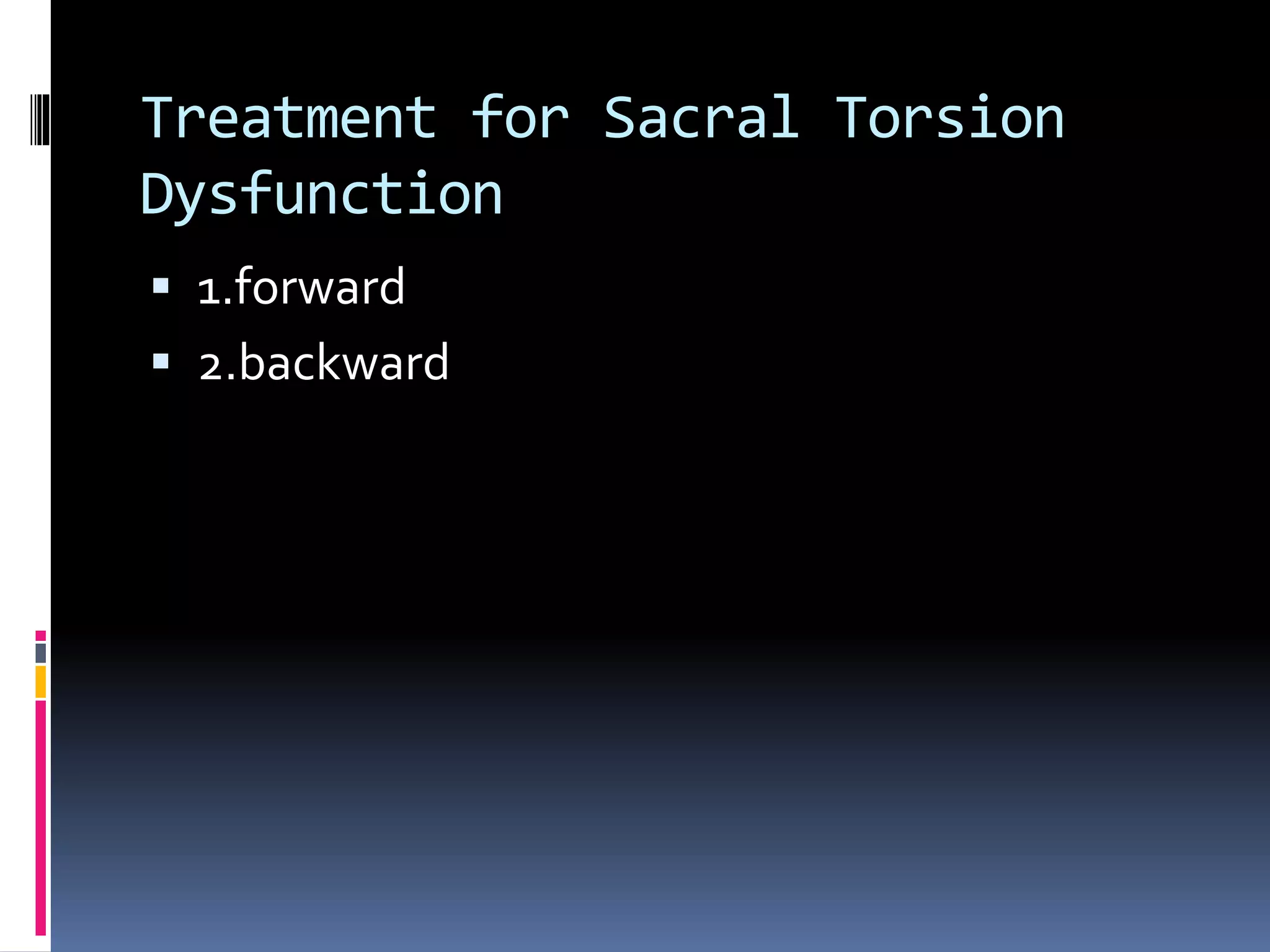 Treatment for Sacral Torsion
Dysfunction
 1.forward
 2.backward
 