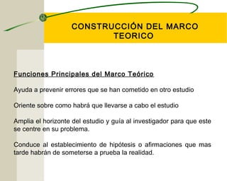 CONSTRUCCIÓN DEL MARCO 
TEORICO 
Funciones Principales del Marco Teórico 
Ayuda a prevenir errores que se han cometido en otro estudio 
Oriente sobre como habrá que llevarse a cabo el estudio 
Amplia el horizonte del estudio y guía al investigador para que este 
se centre en su problema. 
Conduce al establecimiento de hipótesis o afirmaciones que mas 
tarde habrán de someterse a prueba la realidad. 
 