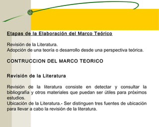 Etapas de la Elaboración del Marco Teórico 
Revisión de la Literatura. 
Adopción de una teoría o desarrollo desde una perspectiva teórica. 
CONTRUCCION DEL MARCO TEORICO 
Revisión de la Literatura 
Revisión de la literatura consiste en detectar y consultar la 
bibliografía y otros materiales que puedan ser útiles para próximos 
estudios. 
Ubicación de la Literatura.- Ser distinguen tres fuentes de ubicación 
para llevar a cabo la revisión de la literatura. 
 
