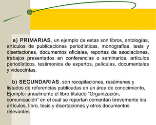 a) PRIMARIAS, un ejemplo de estas son libros, antologías, 
artículos de publicaciones periodísticas, monografías, tesis y 
disertaciones, documentos oficiales, reportes de asociaciones, 
trabajos presentados en conferencias o seminarios, artículos 
periodísticos, testimonios de expertos, películas, documentales 
y videocintas. 
b) SECUNDARIAS, son recopilaciones, resúmenes y 
listados de referencias publicadas en un área de conocimiento, 
Ejemplo: anualmente el libro titulado “Organización, 
comunicación” en el cual se reportan comentan brevemente los 
artículos, libro, tesis y disertaciones y otros documentos 
relevantes 
 