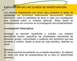 EXPLICACIÓN DE LAS CLASES DE INVESTIGACIÓN 
Los estudios exploratorios nos sirven para aumentar el grado de 
familiaridad con fenómenos relativamente desconocidos, obtener 
información sobre la posibilidad de llevar a cabo una investigación 
mas completa sobre un contexto particular. Estas clases de 
investigaciones son comunes en la investigación del comportamiento. 
Investigación Descriptiva 
Investigar es describir situaciones y eventos. Los estudios 
descriptivos buscan especificar las propiedades importantes de 
personas, grupos, comunidades o cualquier otro fenómeno que sea 
sometido a análisis. Desde el punto de vista científico, describir es 
medir. 
Ejemplos: 
Un censo nacional de población es un estudio descriptivo. Su objetivo 
es medir una serie de características de un país en determinado 
momento. 
 