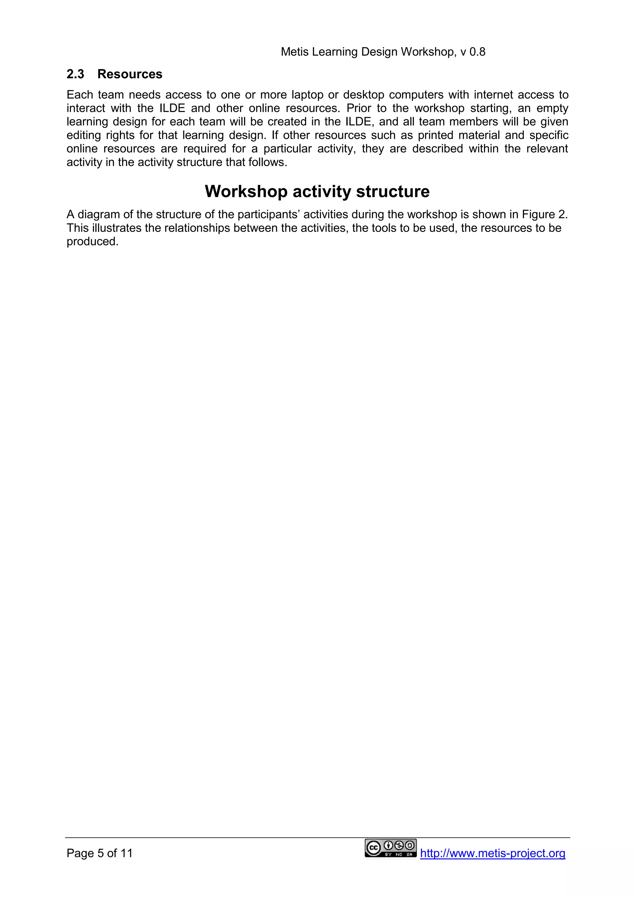 Metis Learning Design Workshop, v 0.8
Page 5 of 11 http://www.metis-project.org
2.3 Resources
Each team needs access to one or more laptop or desktop computers with internet access to
interact with the ILDE and other online resources. Prior to the workshop starting, an empty
learning design for each team will be created in the ILDE, and all team members will be given
editing rights for that learning design. If other resources such as printed material and specific
online resources are required for a particular activity, they are described within the relevant
activity in the activity structure that follows.
Workshop activity structure
A diagram of the structure of the participants’ activities during the workshop is shown in Figure 2.
This illustrates the relationships between the activities, the tools to be used, the resources to be
produced.
 