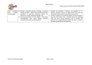 METIS PROJECT
Project Number: 531262-LLP-2012-ES-KA3-KA3MP
D3.4 Final workshops packages Page 15 of 18
Some principles
from ICOPER
methodologies:
14. Solving a proposed task (e.g., providing a narrative
example to solve) -- helpful when training specific skills
associated to improving proficiency around the
elements of a design modelling language / tool.
15. Improving participants' previous designs -- participants
reconceptualise their actual designs (courses)
using theoretical input provided gradually.
14. Examples are provided in ‘Evidence and examples of ‘X’’.
However, decisions need to be taken about how these are
instantiated and presented to the different user groups.
15. Iteration is implicit in the workshop design, but time limitations
may limit the iteration that is possible during the workshop
itself. The rate at which theoretical input is included will
generally be a contextualisation decision, but there is scope to
introduce it gradually over the workshop.
 