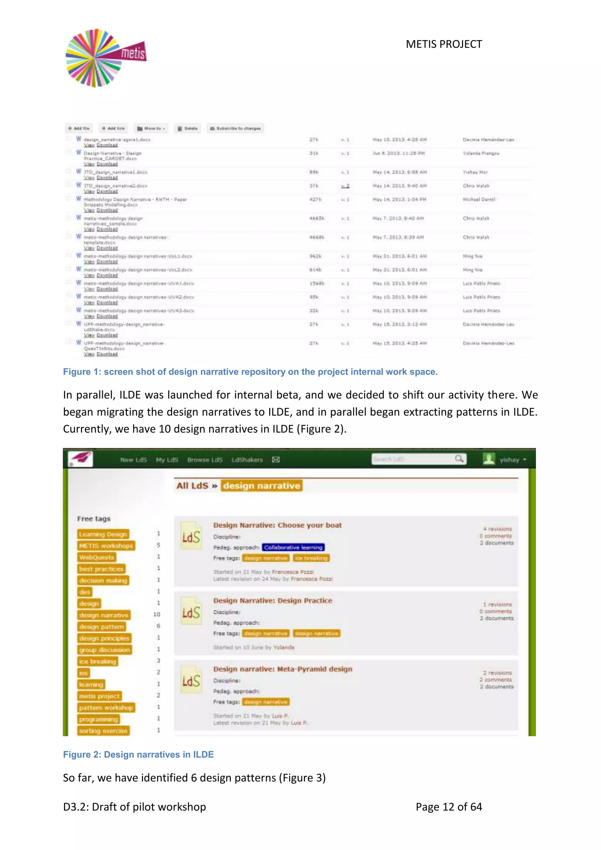 METIS PROJECT
D3.2: Draft of pilot workshop Page 12 of 64
Figure 1: screen shot of design narrative repository on the project internal work space.
In parallel, ILDE was launched for internal beta, and we decided to shift our activity there. We
began migrating the design narratives to ILDE, and in parallel began extracting patterns in ILDE.
Currently, we have 10 design narratives in ILDE (Figure 2).
Figure 2: Design narratives in ILDE
So far, we have identified 6 design patterns (Figure 3)
 