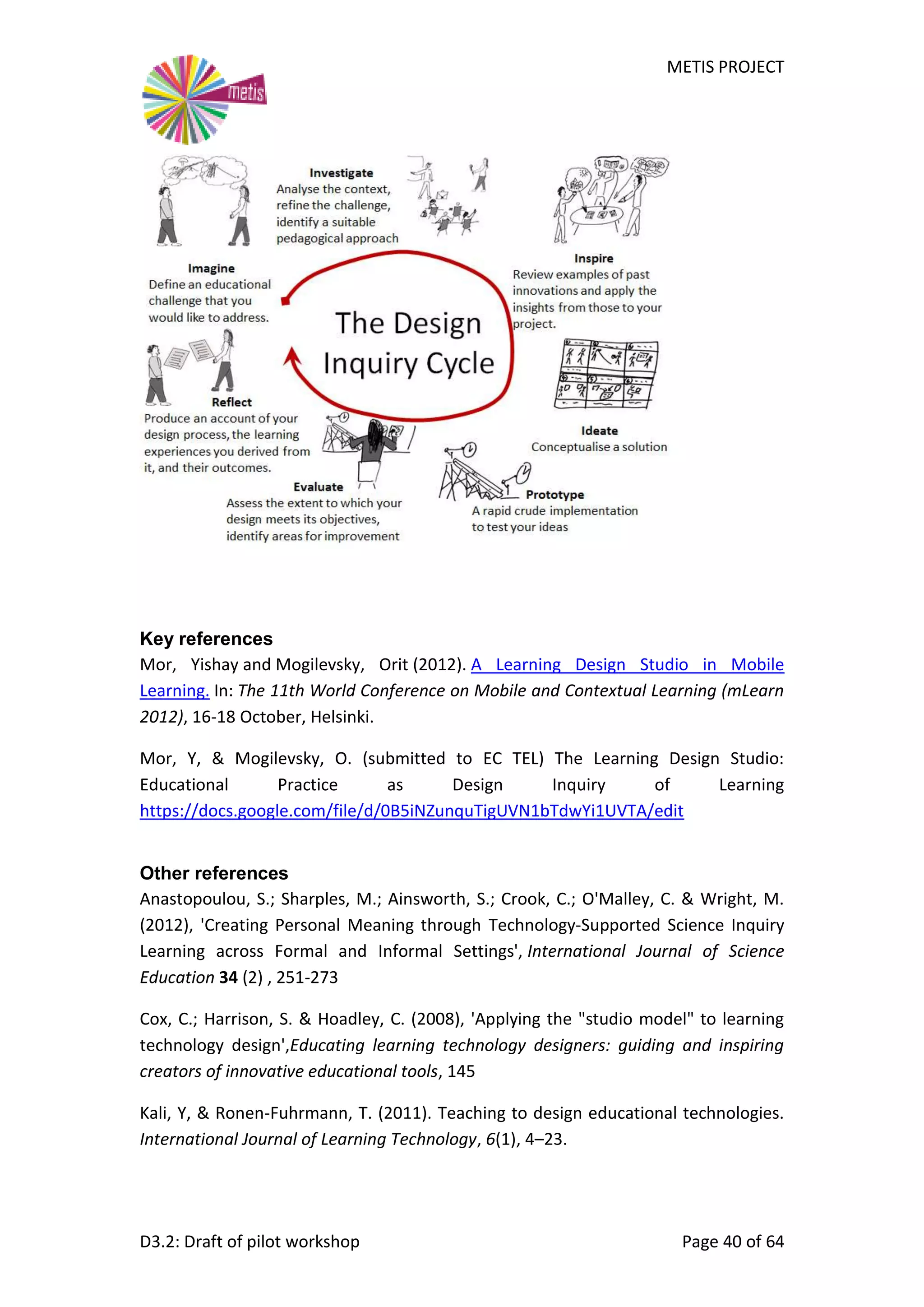 METIS PROJECT
D3.2: Draft of pilot workshop Page 40 of 64
Key references
Mor, Yishay and Mogilevsky, Orit (2012). A Learning Design Studio in Mobile
Learning. In: The 11th World Conference on Mobile and Contextual Learning (mLearn
2012), 16-18 October, Helsinki.
Mor, Y, & Mogilevsky, O. (submitted to EC TEL) The Learning Design Studio:
Educational Practice as Design Inquiry of Learning
https://docs.google.com/file/d/0B5iNZunquTigUVN1bTdwYi1UVTA/edit
Other references
Anastopoulou, S.; Sharples, M.; Ainsworth, S.; Crook, C.; O'Malley, C. & Wright, M.
(2012), 'Creating Personal Meaning through Technology-Supported Science Inquiry
Learning across Formal and Informal Settings', International Journal of Science
Education 34 (2) , 251-273
Cox, C.; Harrison, S. & Hoadley, C. (2008), 'Applying the "studio model" to learning
technology design',Educating learning technology designers: guiding and inspiring
creators of innovative educational tools, 145
Kali, Y, & Ronen-Fuhrmann, T. (2011). Teaching to design educational technologies.
International Journal of Learning Technology, 6(1), 4–23.
 