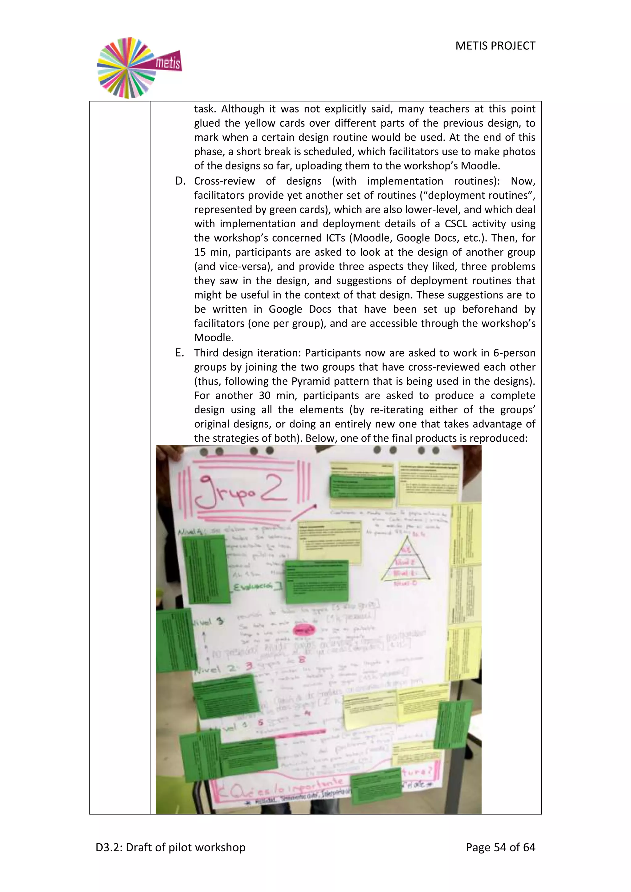 METIS PROJECT
D3.2: Draft of pilot workshop Page 54 of 64
task. Although it was not explicitly said, many teachers at this point
glued the yellow cards over different parts of the previous design, to
mark when a certain design routine would be used. At the end of this
phase, a short break is scheduled, which facilitators use to make photos
of the designs so far, uploading them to the workshop’s Moodle.
D. Cross-review of designs (with implementation routines): Now,
facilitators provide yet another set of routines (“deployment routines”,
represented by green cards), which are also lower-level, and which deal
with implementation and deployment details of a CSCL activity using
the workshop’s concerned ICTs (Moodle, Google Docs, etc.). Then, for
15 min, participants are asked to look at the design of another group
(and vice-versa), and provide three aspects they liked, three problems
they saw in the design, and suggestions of deployment routines that
might be useful in the context of that design. These suggestions are to
be written in Google Docs that have been set up beforehand by
facilitators (one per group), and are accessible through the workshop’s
Moodle.
E. Third design iteration: Participants now are asked to work in 6-person
groups by joining the two groups that have cross-reviewed each other
(thus, following the Pyramid pattern that is being used in the designs).
For another 30 min, participants are asked to produce a complete
design using all the elements (by re-iterating either of the groups’
original designs, or doing an entirely new one that takes advantage of
the strategies of both). Below, one of the final products is reproduced:
 
