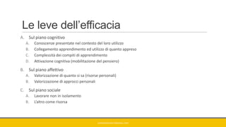 Le leve dell’efficacia
A. Sul piano cognitivo
A. Conoscenze presentate nel contesto del loro utilizzo
B. Collegamento apprendimento ed utilizzo di quanto appreso
C. Complessità dei compiti di apprendimento
D. Attivazione cognitiva (mobilitazione del pensiero)
B. Sul piano affettivo
A. Valorizzazione di quanto si sa (risorse personali)
B. Valorizzazione di approcci personali
C. Sul piano sociale
A. Lavorare non in isolamento
B. L’altro come risorsa
GIANNIMARCONATO@GMAIL.COM
 