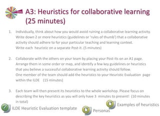 1. Individually, think about how you would avoid ruining a collaborative learning activity.
Write down 2 or more heuristics (guidelines or ‘rules of thumb’) that a collaborative
activity should adhere to for your particular teaching and learning context.
Write each heuristic on a separate Post-it. (5 minutes)
2. Collaborate with the others on your team by placing your Post-Its on an A1 page.
Arrange them in some order or map, and identify a few key guidelines or heuristics
that you believe a successful collaborative learning activity should follow.
One member of the team should add the heuristics to your Heuristic Evaluation page
within the ILDE (15 minutes)
3. Each team will then present its heuristics to the whole workshop. Please focus on
describing the key heuristics as you will only have 3 minutes to present! (10 minutes
in total)
A3: Heuristics for collaborative learning
(25 minutes)
ILDE Heuristic Evaluation template
Personas
Examples of heuristics
 