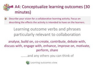 • Describe your vision for a collaborative learning activity. Focus on
describing the effects the activity is intended to have on the learners.
Learning outcomes view
Learning outcome verbs and phrases
particularly relevant to collaboration
analyse, build on, co-create, contribute, debate with,
discuss with, engage with, enhance, improve on, motivate,
perform, share
……..and any others you can think of
A4: Conceptualize learning outcomes (30
minutes)
 
