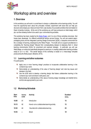 METIS PROJECT
How to design Collaborative Learning activities 2
Workshop aims and overview
1. Overview
In this workshop you will work in a small team to design a collaborative online learning activity. You will
have the opportunity learn about the principles involved, experiment with tools that can help you
structure and analyse your ideas and learn from case studies of successful activities tried and tested on
Open University modules. At the end of the workshop you will have produced an initial design which
you canthendevelop further to be usedin your online teachingactivities.
This workshop has been created by the Metis Project, and it is one of three workshop structures that
heave been developed for different educational sectors across Europe. You will use several paper-
prototyping tools and the Integrated Learning Design Environment (ILDE), a bespoke environment for
the co-design of learning, developed by the Metis Project. The ILDE aims to support practitioners in
completing the "learning design" lifecycle from conceptualising designs to deploying them in virtual
learning environments (VLEs) for enactment and eventual redesign. In particular, you will use
WebCollage, an online tool specificallydesigned to assist you in creating collaborative learning activities
ready to run in a VLE. The overall design of this workshop is based on a meta-design template
producedbythe Metisproject (Brasher,2015) .
1.1 Learning andother outcomes
Forparticipants:
Apply one or more 'learning design' practices to incorporate collaborative learning in the
contextof your work;
Demonstrate an understanding of the value of 'learning design' and note key issues and
debatesin the field;
Use the ILDE tools to develop a learning design that fosters collaborative learning in the
contextof your work andshare it with peers; and
Demonstrate an understanding of the value of sharing design knowledge and identify forms
andformats appropriatefor your work.
1.2 WorkshopSchedule
Start
time
Activity
code
Activity Duration/
mins.
10:00 A1 Introduction 15
10:15 A2 Howto ruina collaborativelearningactivity 15
10:30 A3 Heuristicsfor collaborativelearning 25
10:55 -- Break 10
 