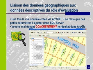 Liaison des données géographiques aux
données descriptives du rôle d’évaluation

Une fois la vue spatiale créée via ArcSDE, il ne reste que des
petits paramètres à ajuster dans SQL Server
Voyons maintenant CONCRÈTEMENT le résultat dans ArcGis




                                                                  11
                                                      11
 