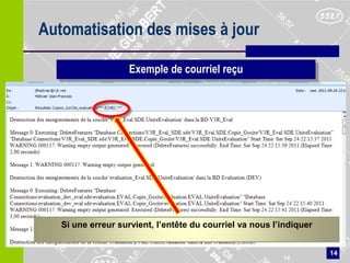 Automatisation des mises à jour

                    Exemple de courriel reçu




   Si une erreur survient, l’entête du courriel va nous l’indiquer


                                                                     14
                                                          14
 